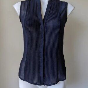 FATE Sleeveless Sheer Blouse Size M Pintuck Pleats V-Neck Navy Blue Top EUC
